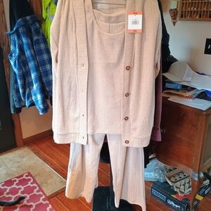 Women's Ribbed Knit Cardigan & Pants Set in Light Beige